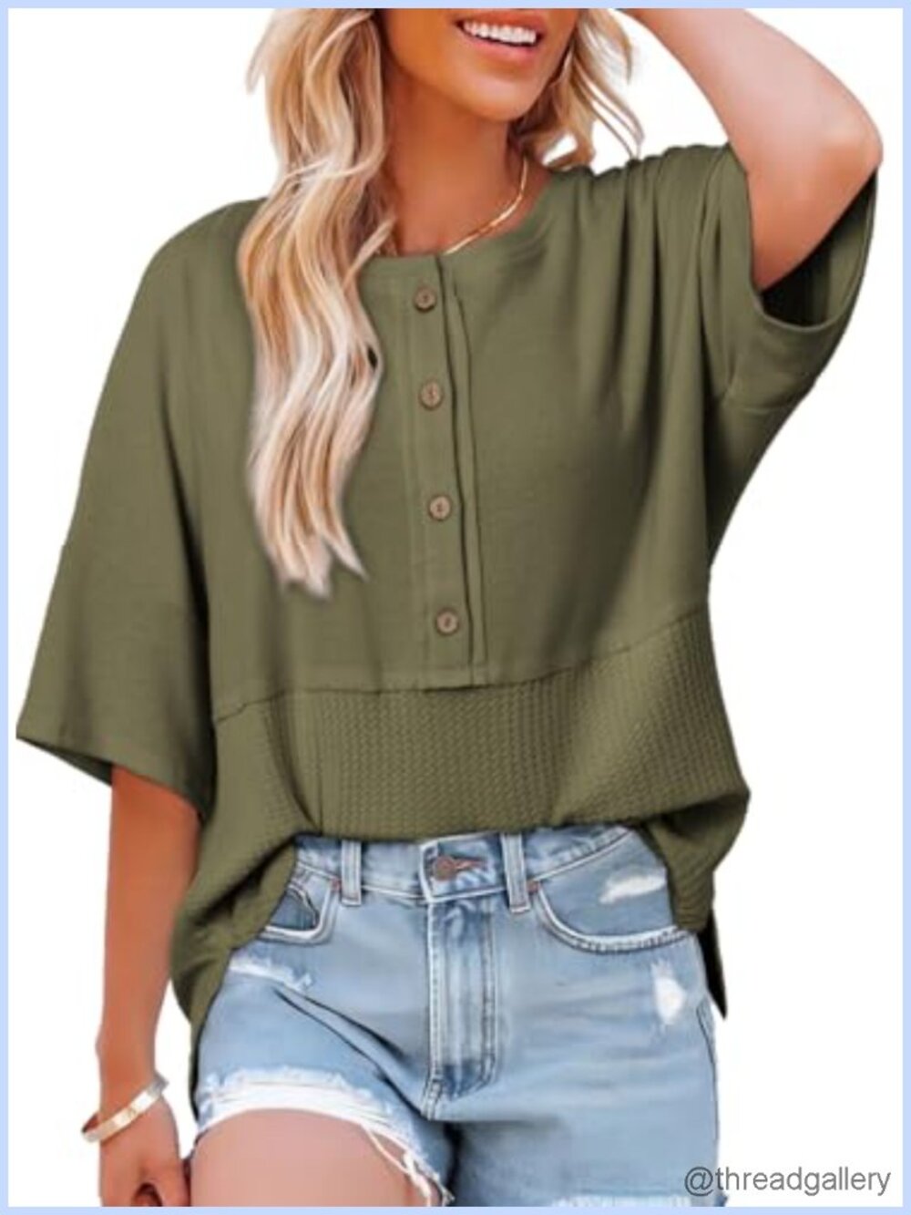 Waffle Knit 3/4 Sleeve Oversized Patchwork Button Blouse